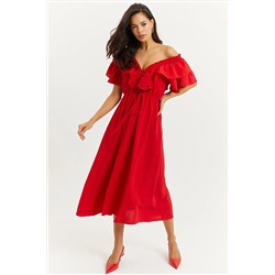 Женское красное платье с V-образным вырезом спереди и сзади KS113