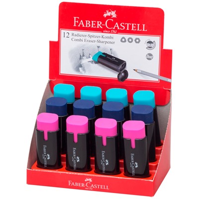 close Точилка пластиковая с ластиком Faber-Castell "Combi", 1 отверстие, контейнер, ассорти