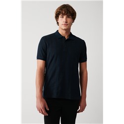 Темно-синяя футболка с воротником-поло, 100 % хлопок, ребристая классическая посадка