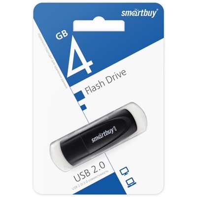 Флешка Smartbuy 4GB2SCK, 4 Гб, USB2.0, чт до 15 Мб/с, зап до 12 Мб/с, черная