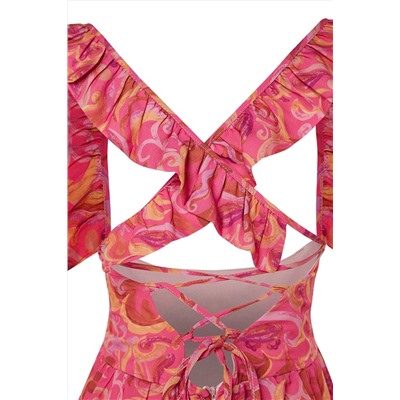Розовое мини-платье с ткаными рюшами и цветочным принтом TWOSS23EL02241