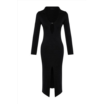 Черное трикотажное платье макси с разрезом TWOAW24EL00206