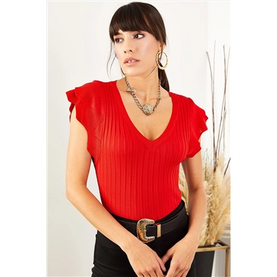 Женская красная трикотажная блузка с рукавами-бабочками и V-образным вырезом BLZ-19001017