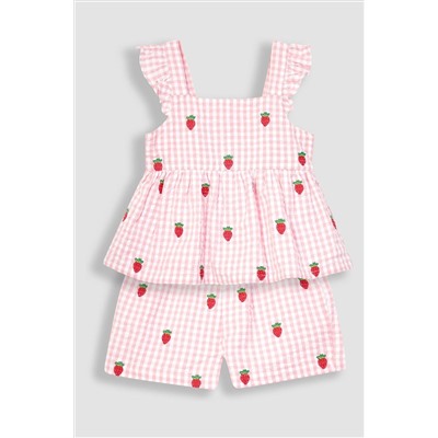 JoJo Maman Bébé 2-Piece Strawberry Seersucker Blouse & Shorts Set