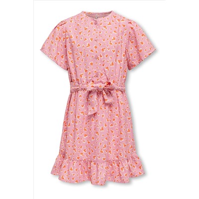 ONLY KIDS Pink Heart Print Ruffle Tie Waist Dress