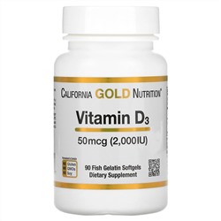 California Gold Nutrition, витамин D3, 50мкг (2000МЕ), 90рыбно-желатиновых капсул