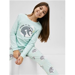 Хлопковый комплект (лонгслив и брюки) бирюзового цвета с ленивцами для девочек
