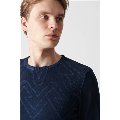 Мужской темно-синий жаккардовый свитер с круглым вырезом A12y5037