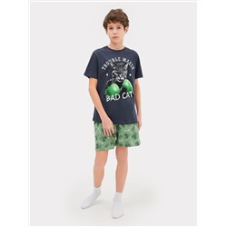 Комплект для мальчиков (футболка, шорты) серо-зеленый с котами