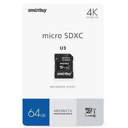 Micro SDHC карта памяти 64ГБ SmartBuy U3 V30 A1 с адаптером