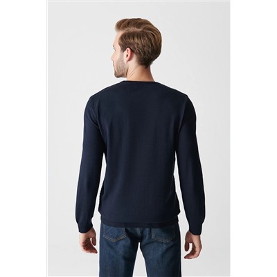 Мужской темно-синий жаккардовый свитер с круглым вырезом A12y5214