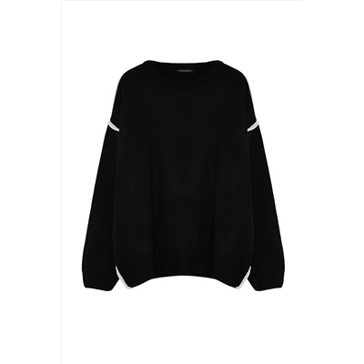 Черный мужской большой размер большого размера, широкий крой, вязаный свитер с круглым вырезом и окантовкой TMNAW24AN00000