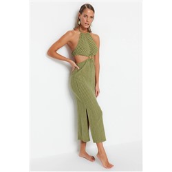 Зеленое приталенное вязаное пляжное платье макси с аксессуарами TBESS23EL00066