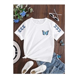 Бело-синяя футболка для девочек с принтом бабочек и бабочек 343493