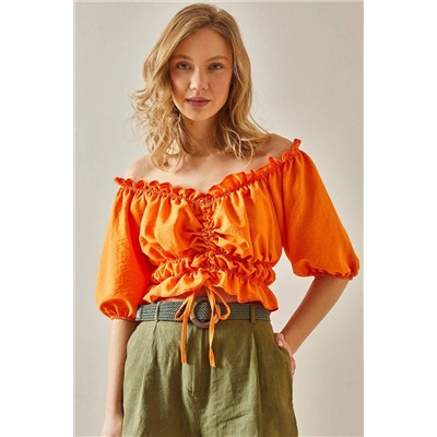 XHAN Оранжевая блузка с вырезом «лодочка» и сборками 5YXK2-47964-11