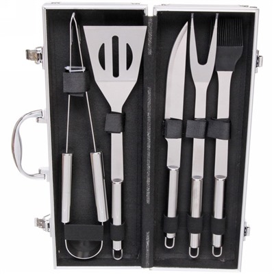 Набор для барбекю из 5 предметов в кейсе LX-0032: щипцы, вилка, лопатка, нож, кисточка кулинарная