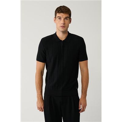 Черная трикотажная футболка с воротником поло и застежкой-молнией, вискоза, впитывающая влагу, детальная, стандартная посадка