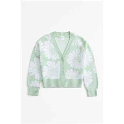 Abercrombie & Fitch Oversized Green Floral Knit V-Neck Cropped Cardigan