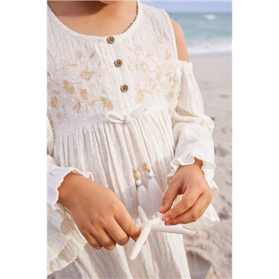 Cream Embroidered Cold-Shoulder Dress (3-16yrs)