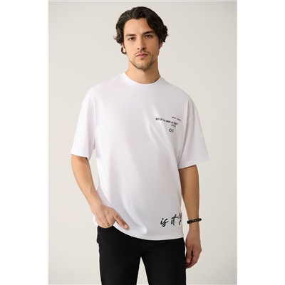 Белая футболка Oversize из хлопка с круглым вырезом и принтом