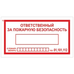 Знак вспомогательный "Ответственный за пожарную безопасность", 250х140 мм, пленка самоклеящаяся, 610049/В43