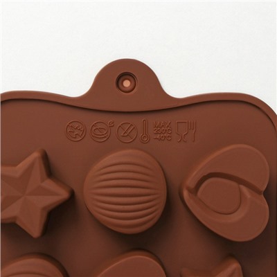 Форма для конфет и шоколада Доляна «Звёзды, ракушки, сердца», силикон, 20,6×10,3 см, 15 ячеек, цвет коричневый