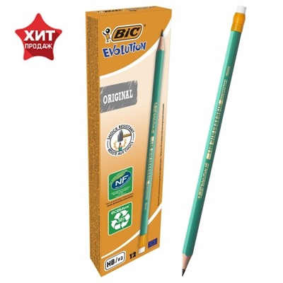 Карандаш чернографитный (простой) НВ, BIC Evolution, заточенный, пластиковый, c ластиком, шестигранный, зеленый корпус