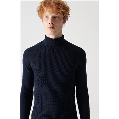 Мужской темно-синий жаккардовый свитер с высоким воротником A12y5013