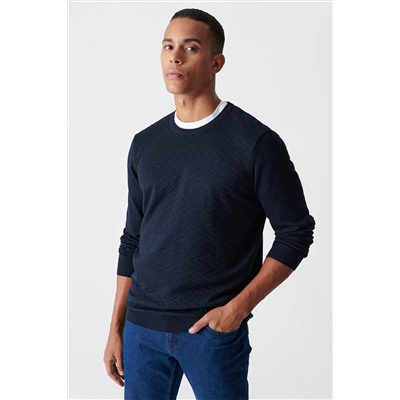 Мужской темно-синий жаккардовый свитер с круглым вырезом A12y5203