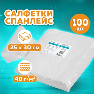 Салфетка одноразовая белая 25х30 см, КОМПЛЕКТ 100 шт., спанлейс, 40 г/м2, ЧИСТОВЬЕ, 00-146