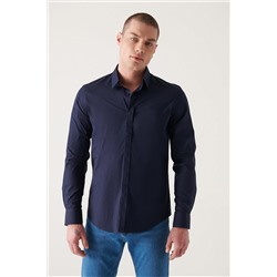 Темно-синяя атласная рубашка узкого кроя из 100% хлопка с классическим воротником
