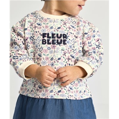 ROBE BÉBÉ FILLE EN BI-MATIÈRE DENIM ET IMPRIMÉE FLEURI