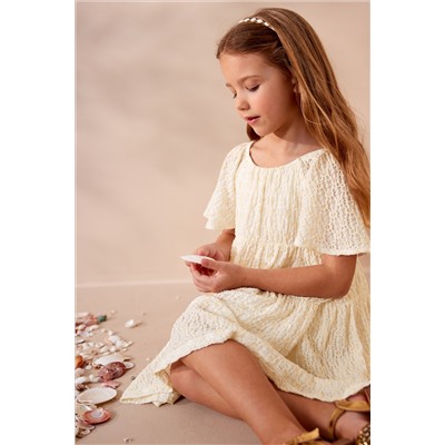 Ecru White Jersey Textured Angel Sleeve Dress (3-16yrs)