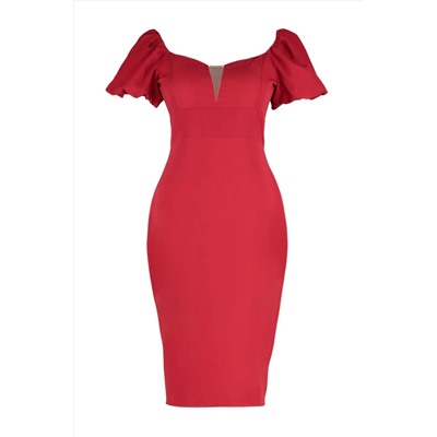 Красное тканое платье без бретелек с объемными рукавами TBBSS22AH00040