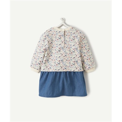 ROBE BÉBÉ FILLE EN BI-MATIÈRE DENIM ET IMPRIMÉE FLEURI