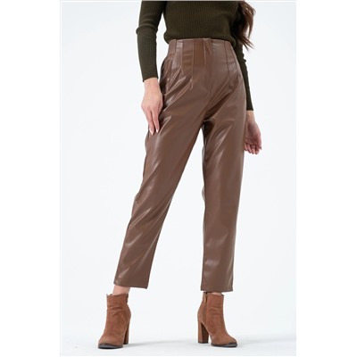 23076-Женские эластичные кожаные брюки с высокой талией - коричневые