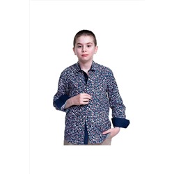 Темно-синяя детская рубашка с белым цветочным принтом KG1040
