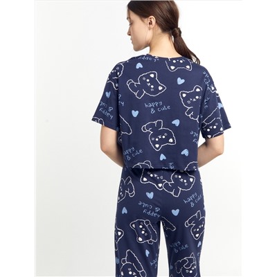 Комплект женский (футболка, бриджи) темно-синий с котами