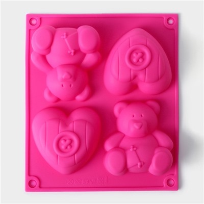 Форма для выпечки Доляна «Мишка и сердце», силикон, 17×15 см, 4 ячейки, цвет розовый