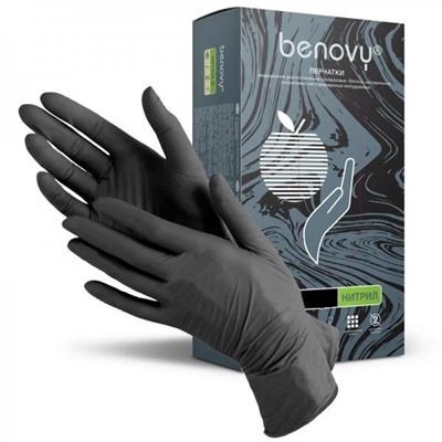 Перчатки смотровые Benovy (Бинови) р-р XS нитрил, черные нестер. неопудр. текстурир. на пальцах №1 (50) (500)