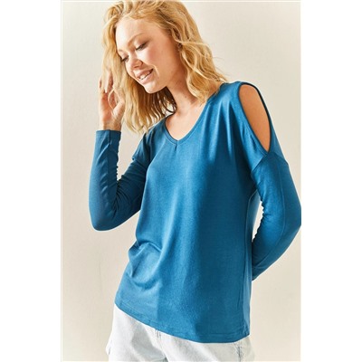 XHAN Petrol Синяя повседневная блузка с низким вырезом и плечами 3YXK2-47539-42
