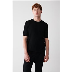 Черная футболка из вискозы с круглым вырезом в полоску, стандартный крой