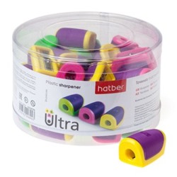 Точилка Hatber Пластиковая Цветная с резинов. вставкой Ассорти 3 цв. ULTRA с 1-м отверстием 53661
