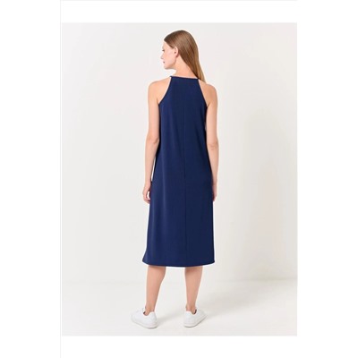 Темно-синее базовое платье миди без рукавов с круглым вырезом