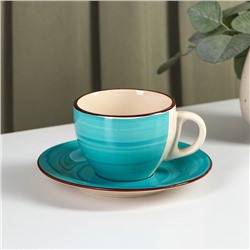 Чайная пара керамическая Доляна «Морской мир», 2 предмета: чашка 200 мл, блюдце d=14,5 см, цвет голубой