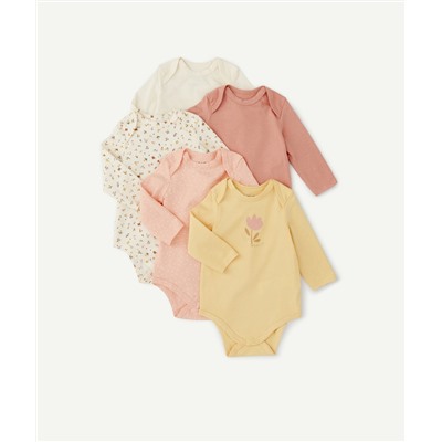 LOT DE 5 BODIES BÉBÉ FILLE EN COTON BIO UNIS ET IMPRIMÉS ROSE ET ORANGÉ