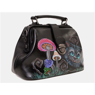Черная кожаная сумка с росписью из натуральной кожи «W0013 Black-Z Чешир с грибами»