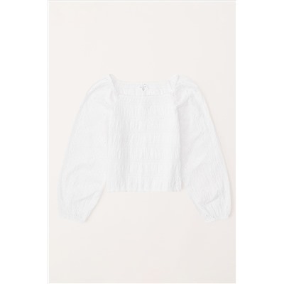 Abercrombie & Fitch Textured Smocked Square Neck Balloon Sleeve White Top