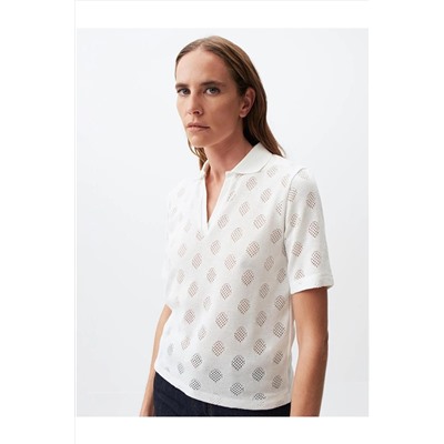Ажурная блузка с короткими рукавами и воротником-поло цвета экрю