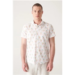 Мужская хлопковая рубашка цвета экрю с коротким рукавом с принтом A21y2093